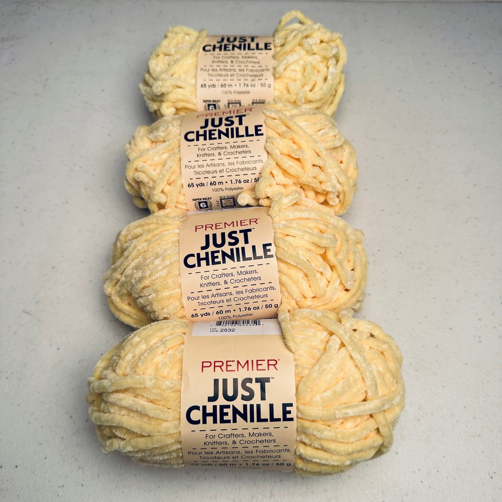 Premier Just Chenille Yellow Yarn 4 Skeins Super Bulky Polyester Matching Lot#